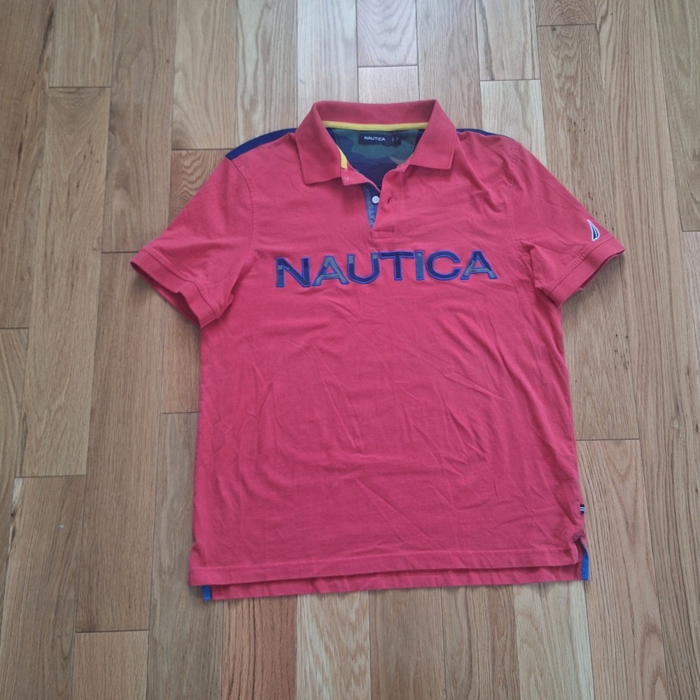 Nautica Polo Shirt Military Camo Logo Embroidered Red Large 100% Cotton